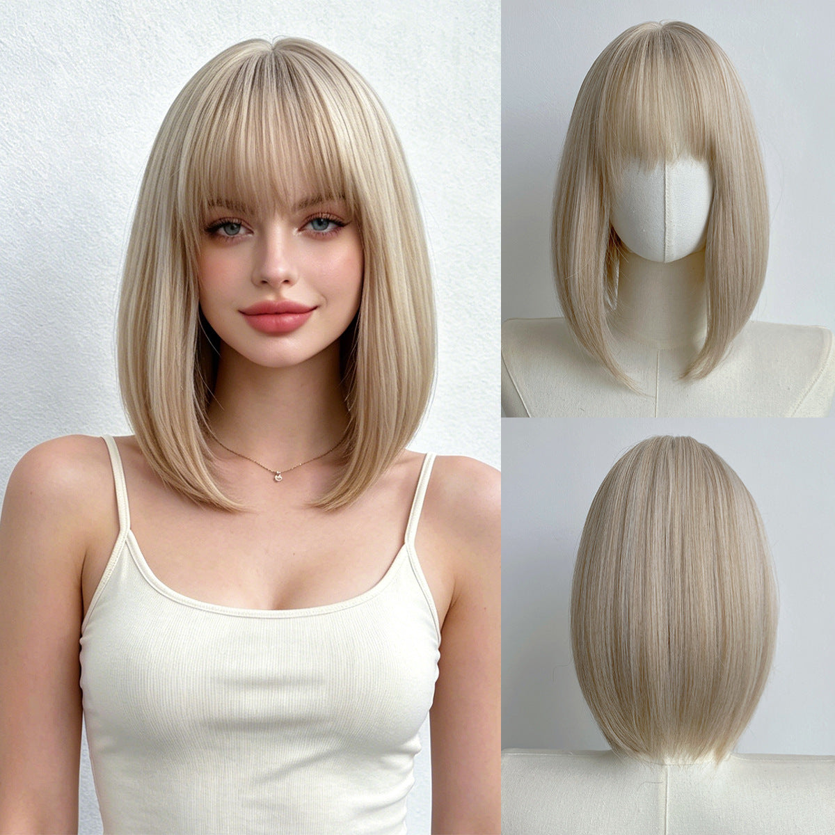 Female Bangs White Gold Color Head Wig Short Straight Hair