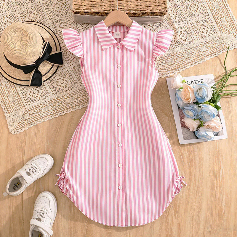 Elegant Striped Flying Sleeves Fitted Waist Children's Dress