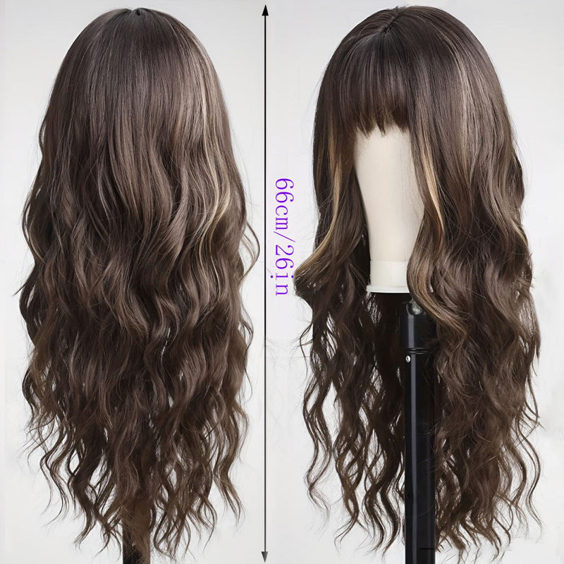 Scalp Head Dyed Black Brown Hair Straight Bangs Synthetic Wig Long Curls