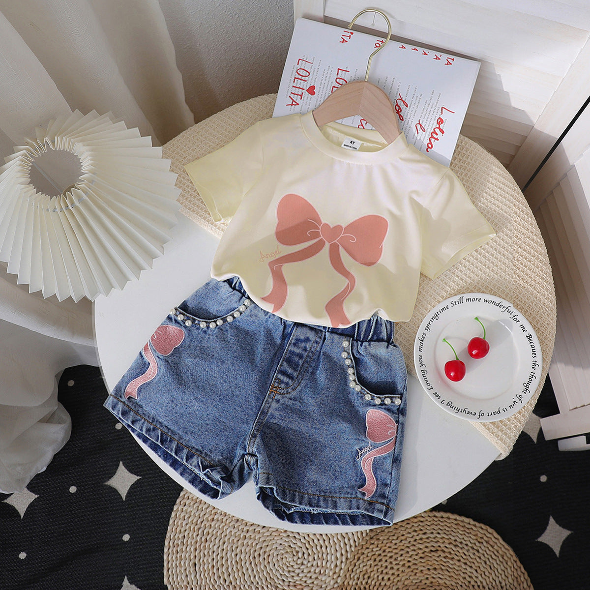 Neck Printed Knitted Top Denim Beaded Embroidered Jeans Children's Suit