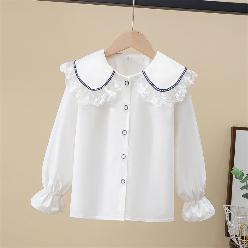 Children's Medium Large Doll Collar White Cotton Long-sleeved Spring Children's Shirt