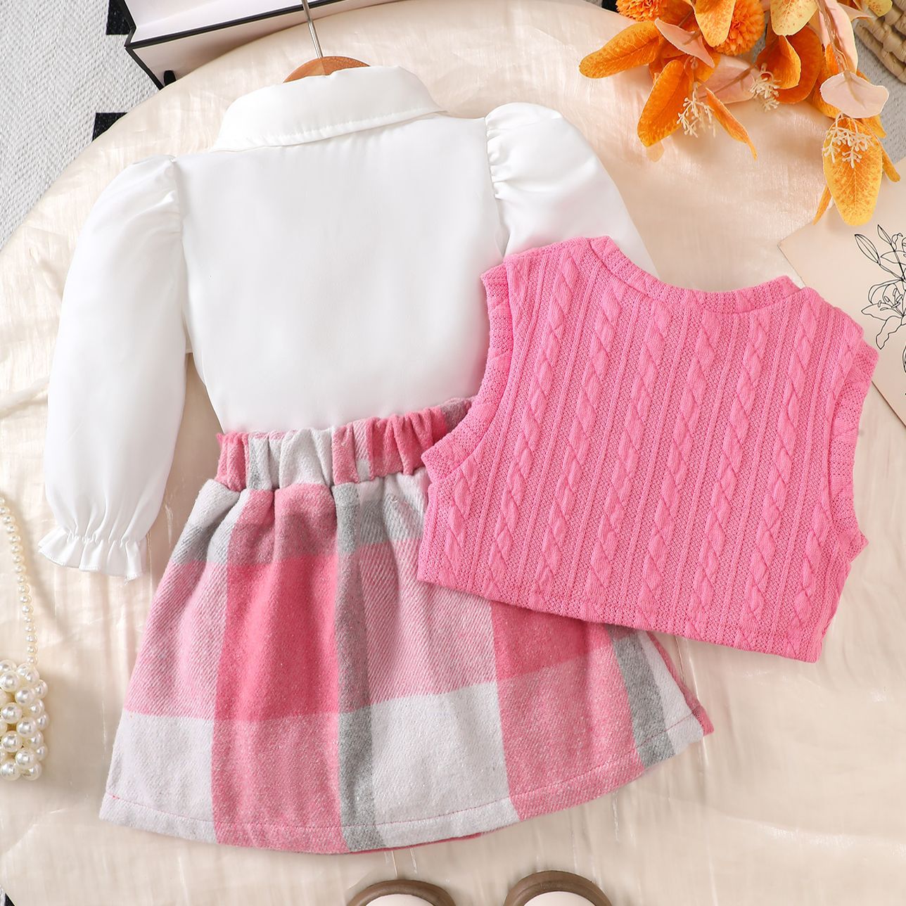 Autumn Preppy Style Long Sleeve Inner Fir Plus Sleeveless Sweater Children's Suit