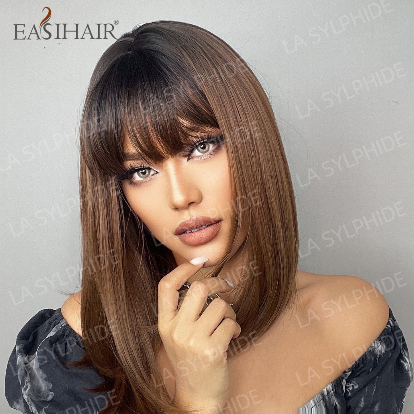 Synthetic Bob With Bang Brown Hair Long Straight Wig