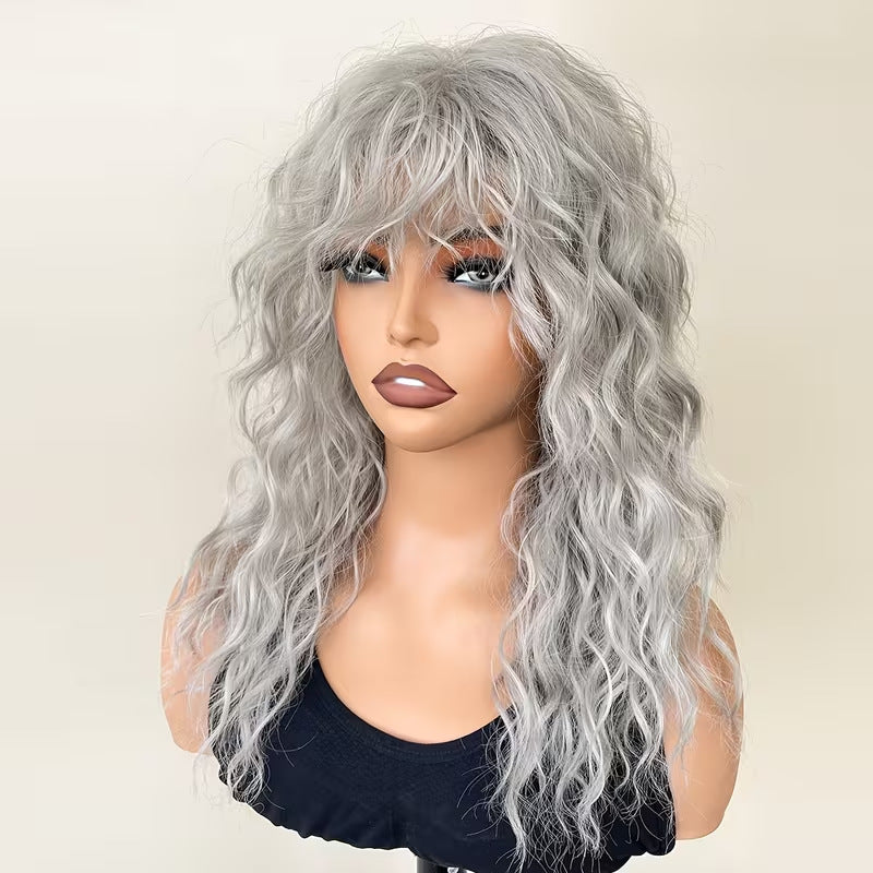 Women's White Fluffy Water Ripple Curly Hair Fiber Synthetic Wig Long Curls