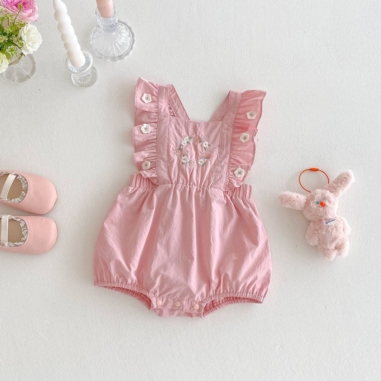 No Embroidery Summer Korean Style Flounced Sleeve Floral Jumpsuit, Climbing Suit