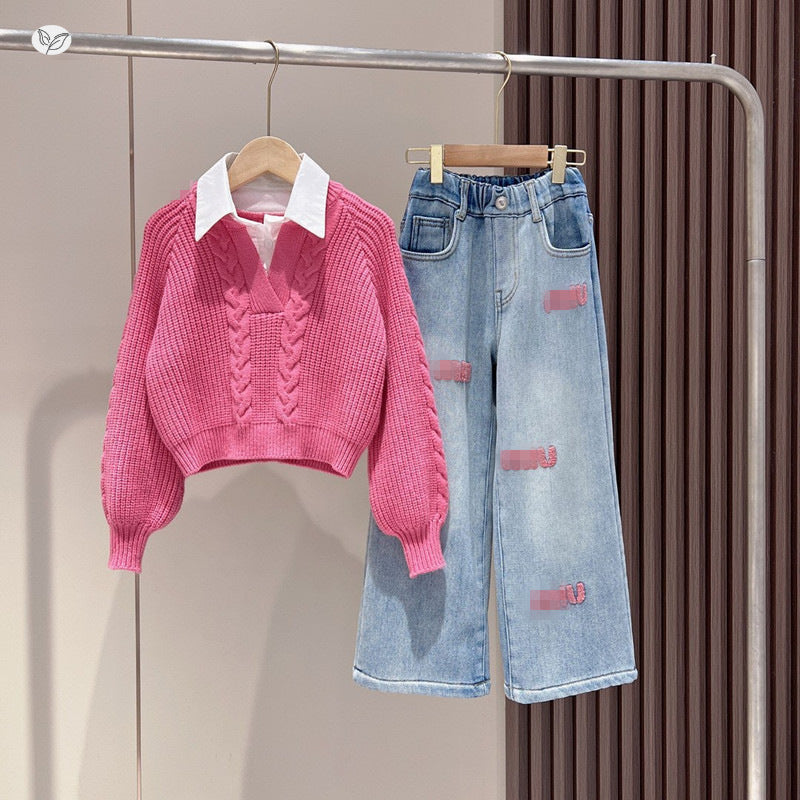 Children's Style Korean Casual Knitted Sweater Fashion Embroidery Trendy Children's Suit