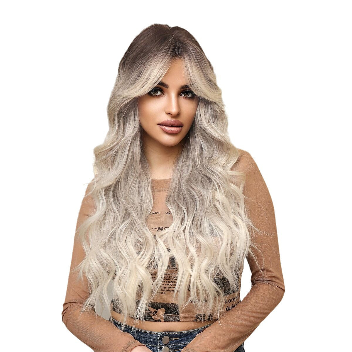 Curly Hair Bangs Natural Golden Brown Wig Long Curls
