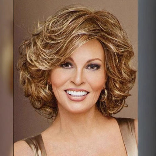 Female Egg Roll Fashion Gradient Golden Medium Long Split Pear Wig Short Curly Hair