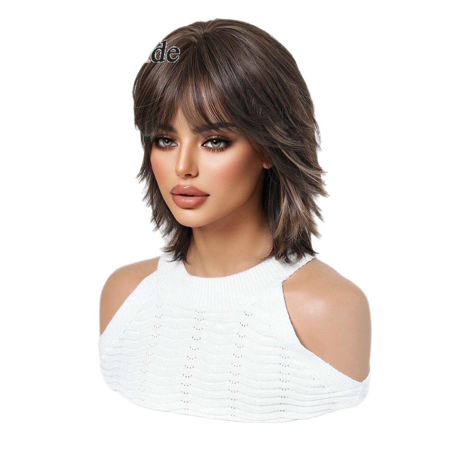 Female Highlights Brown Hierarchy Mechanism Fiber Air Bangs Everyday Wig Short Curly Hair