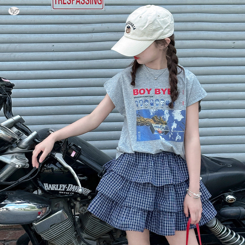 Printed T-shirt Tartan Skirt Medium Big Loose Cake Dress Short Children's Suit