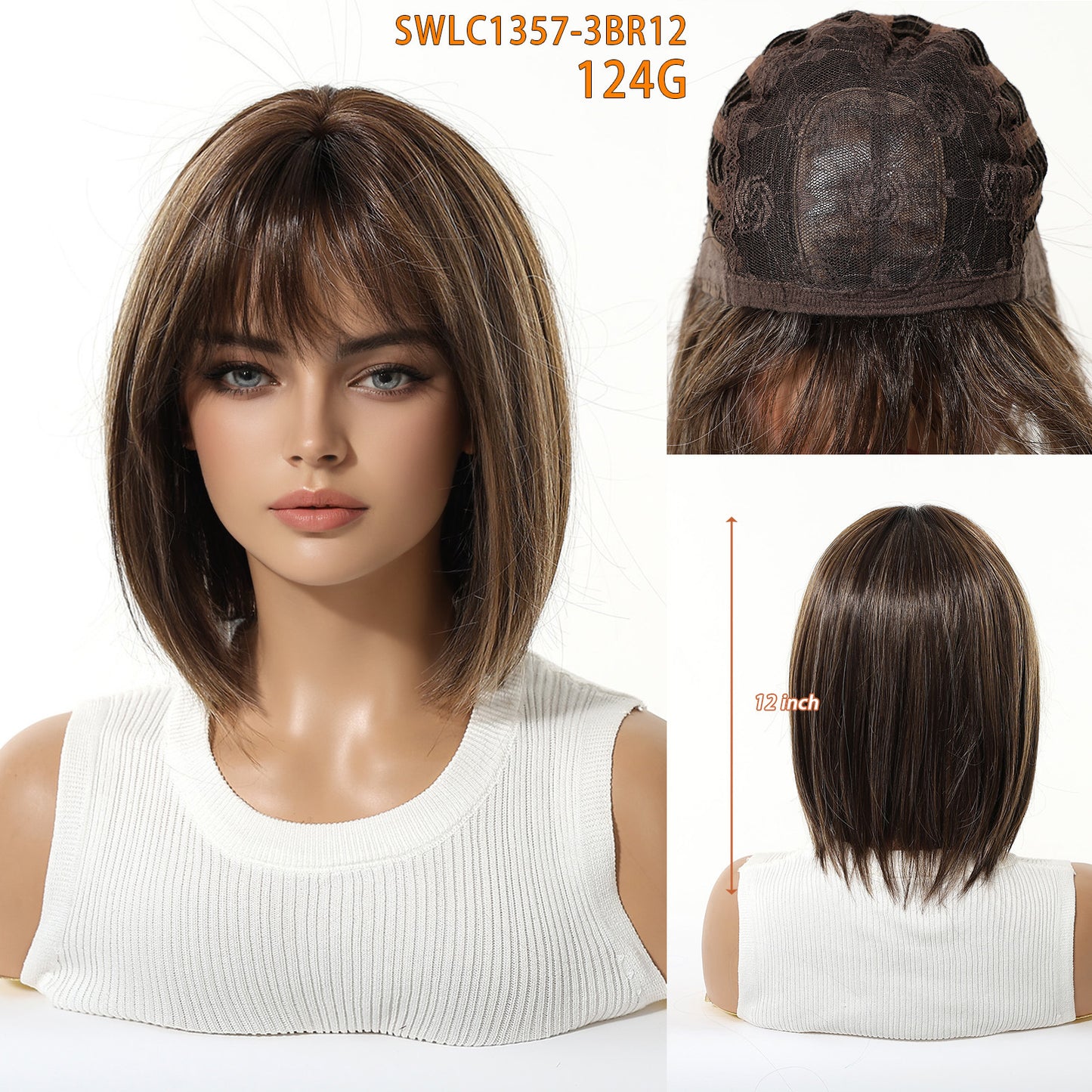 Gradient Brown Highlights Air Bangs Natural Realistic Chemical Fiber Full Wig Short Straight Hair