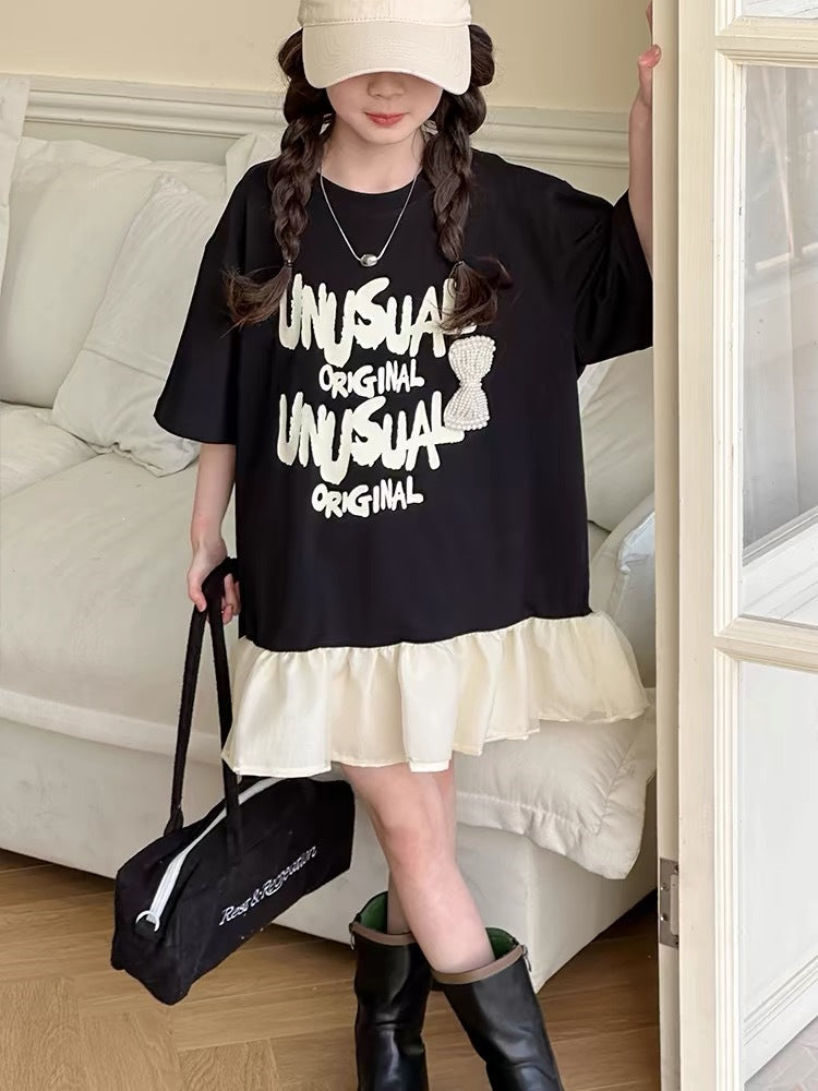Children's Letter Print Fake Two-piece Skirt Summer Sweet Cool Style Ruffled Children's Dress