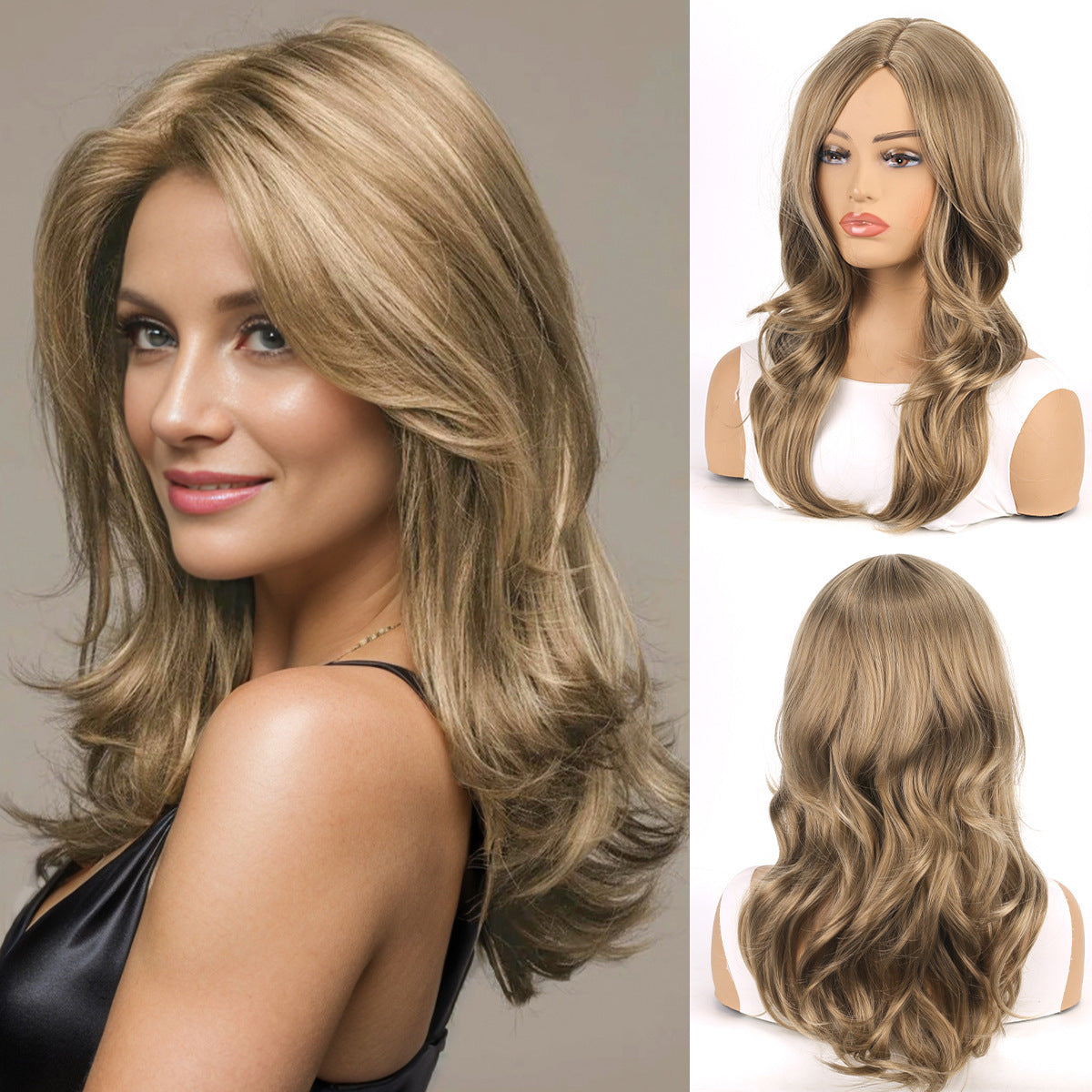 Female Big Wave Medium Bangs Curly Hair Gradient Synthetic Wig Long Curls
