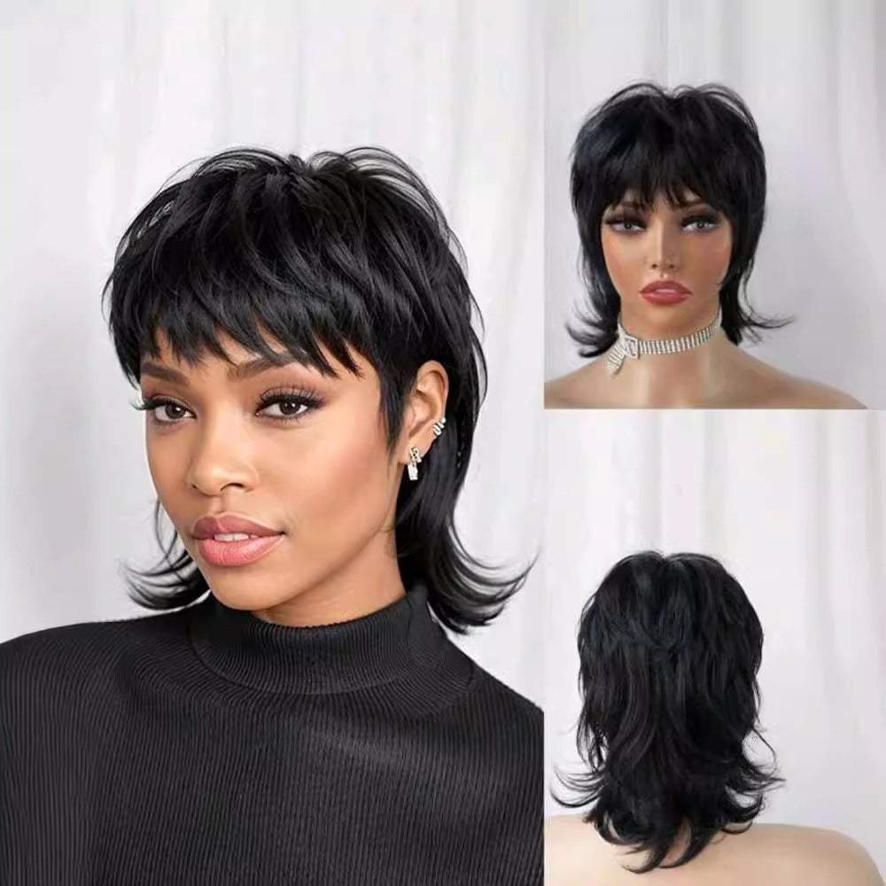 Head Cover Black Anchovy Shawl Broken Wig Short Straight Hair