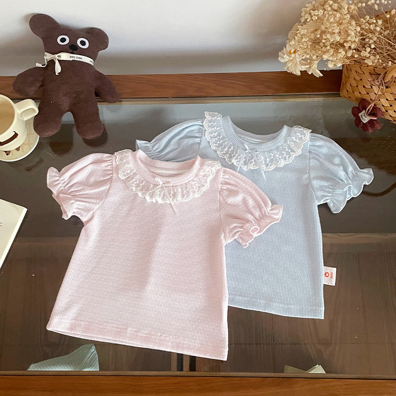 Short-sleeved Summer Puff Sleeve Lace Collar Children's T-shirt
