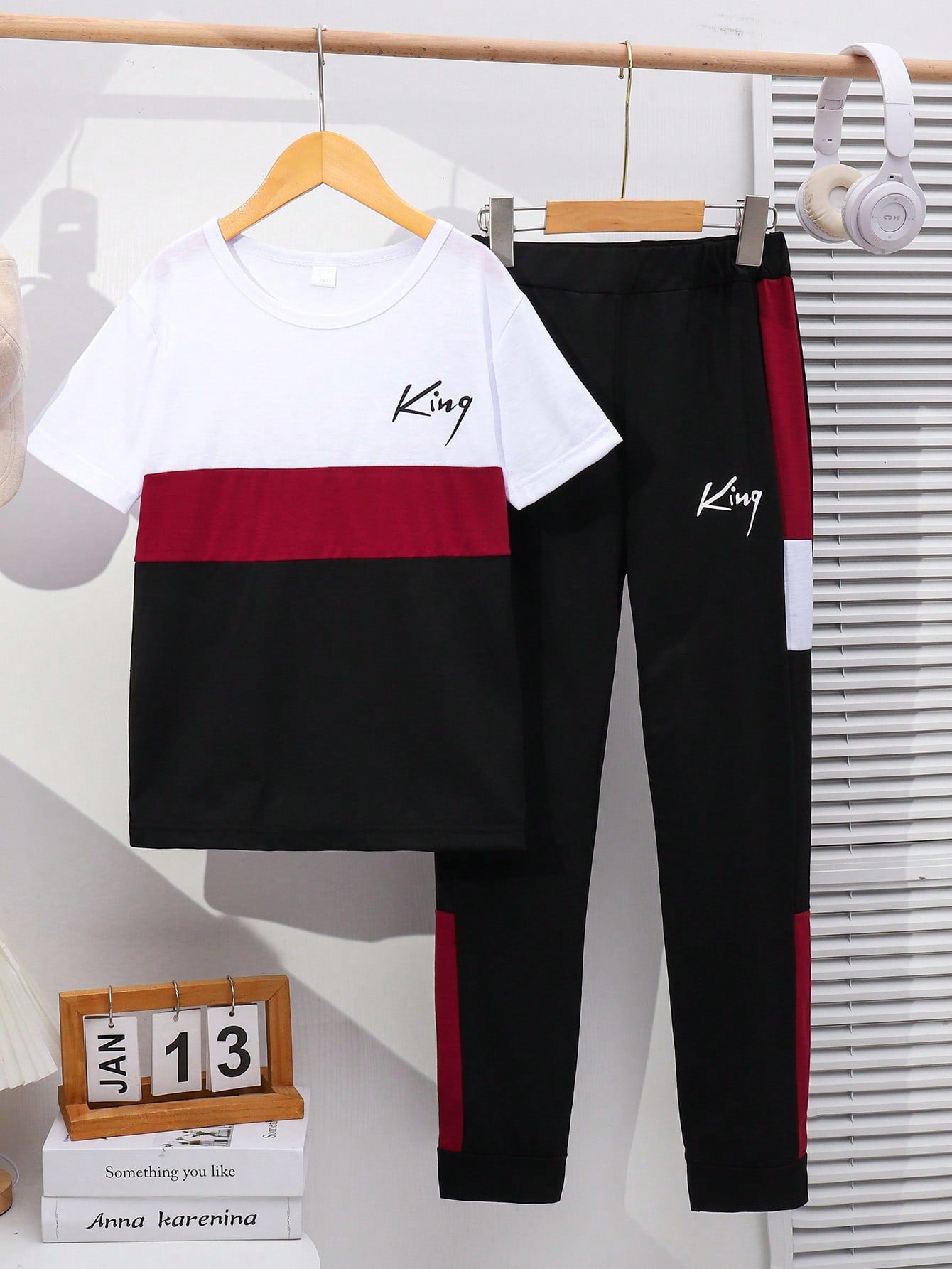 Men's Medium Big With Brown Letters Short Sleeve Lengthened Blouse Pants Children's Suit
