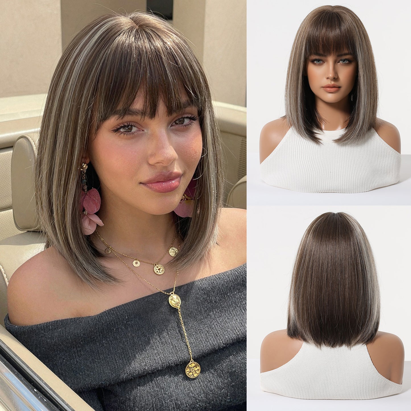 Gradient Brown Highlights Air Bangs Natural Realistic Chemical Fiber Full Wig Short Straight Hair