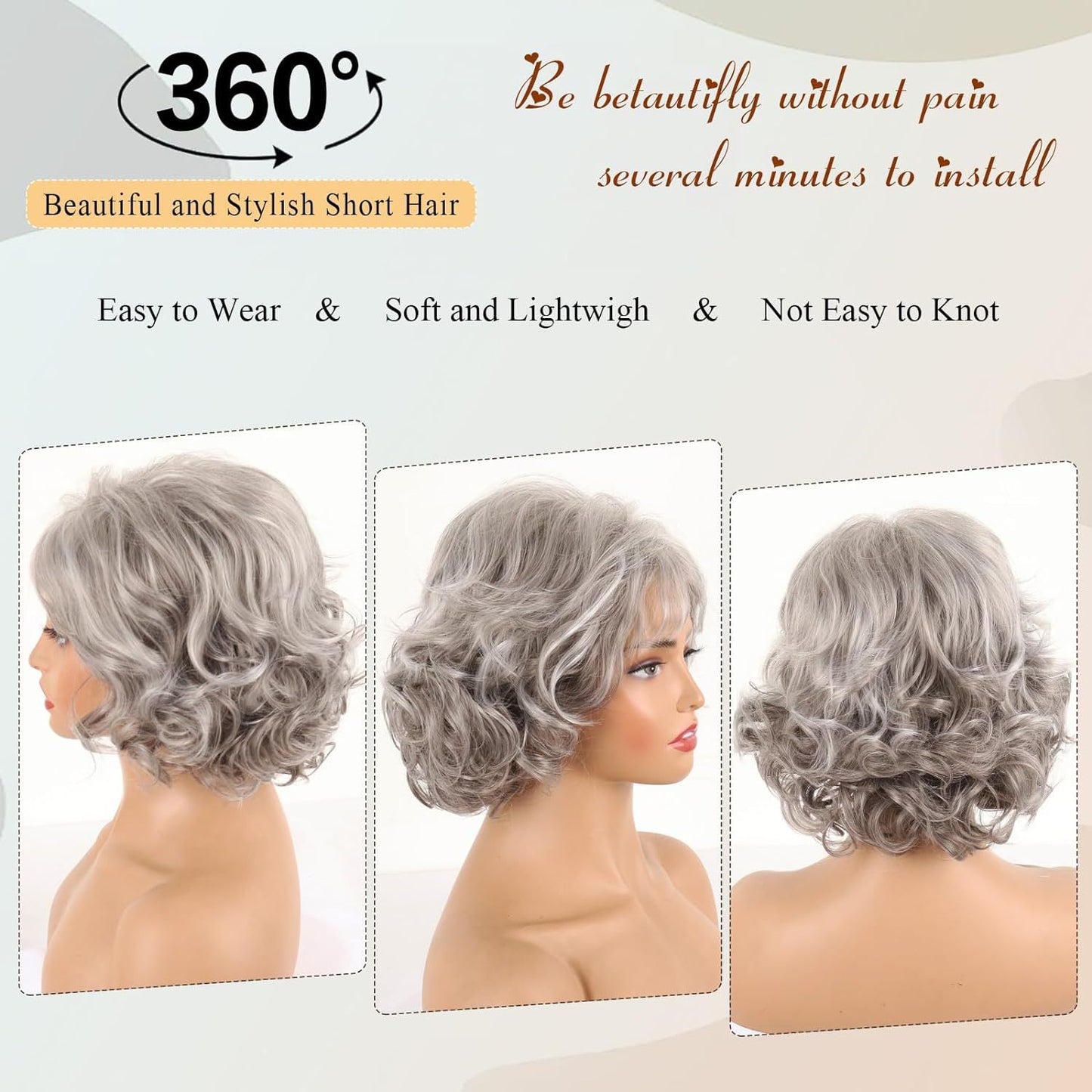 Women's Fashion Synthetic Wigs Gray White Medium Wig Short Curly Hair