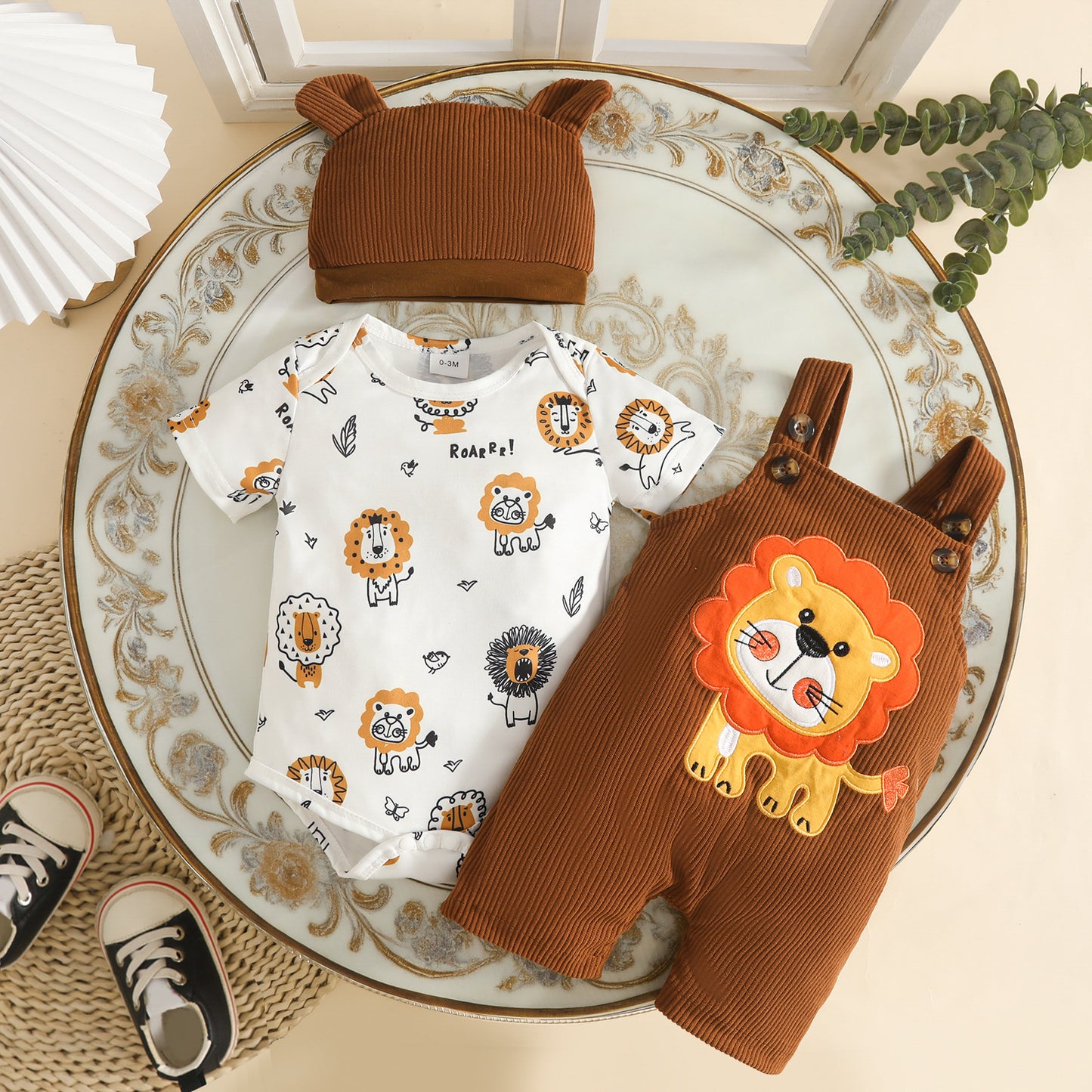 Boy Short Sleeve Striped Animal Pattern Triangle Jumpsuit Waffle Zhang Children's Suit