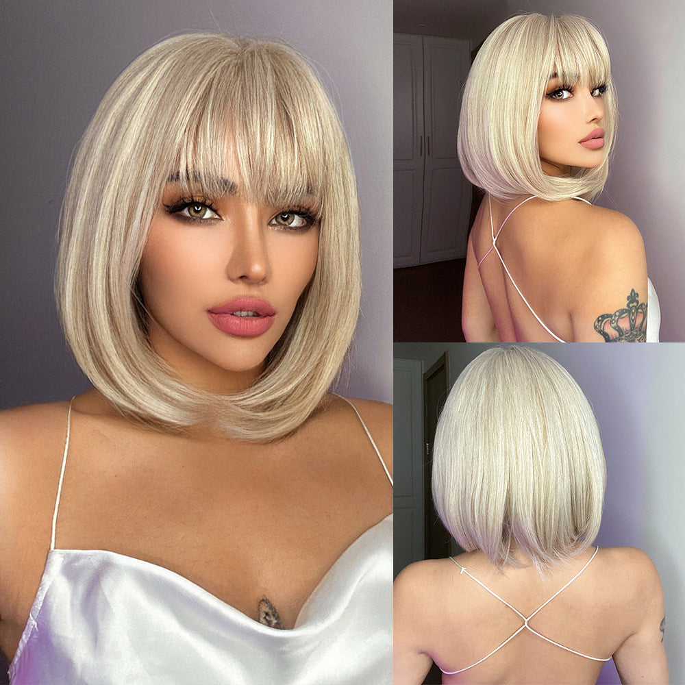 Women's Straight Bangs Gradually Varied Pink Short Wig Long Curls