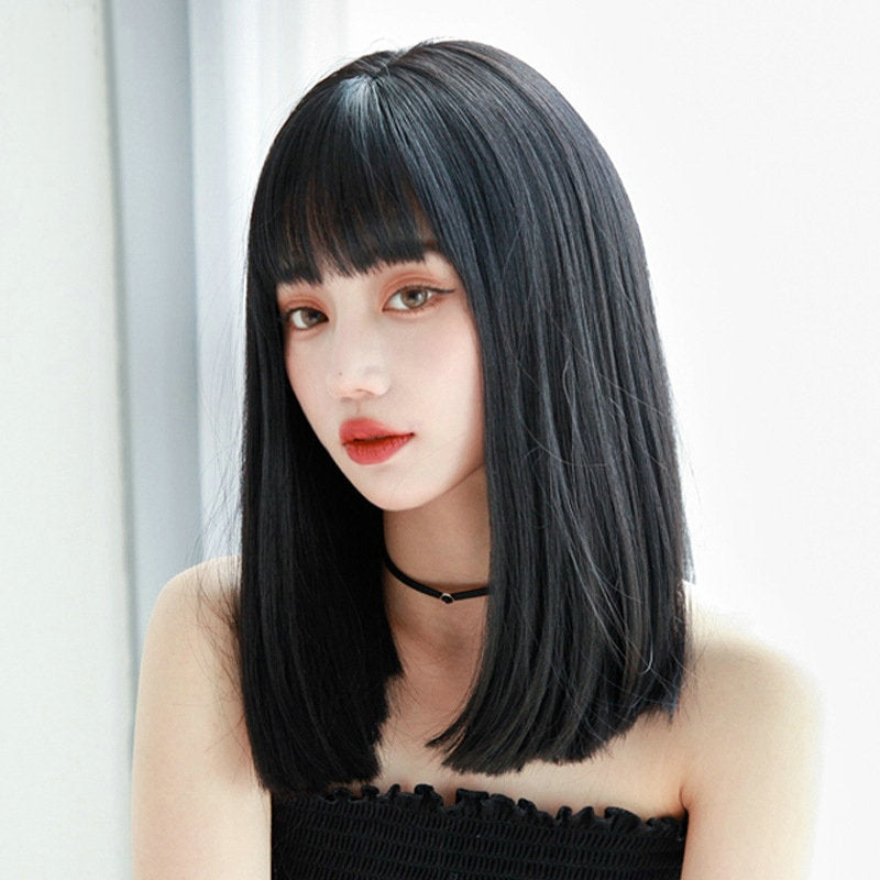 Women's Cartoon Bangs Natural Realistic Black Long Wig Short Straight Hair
