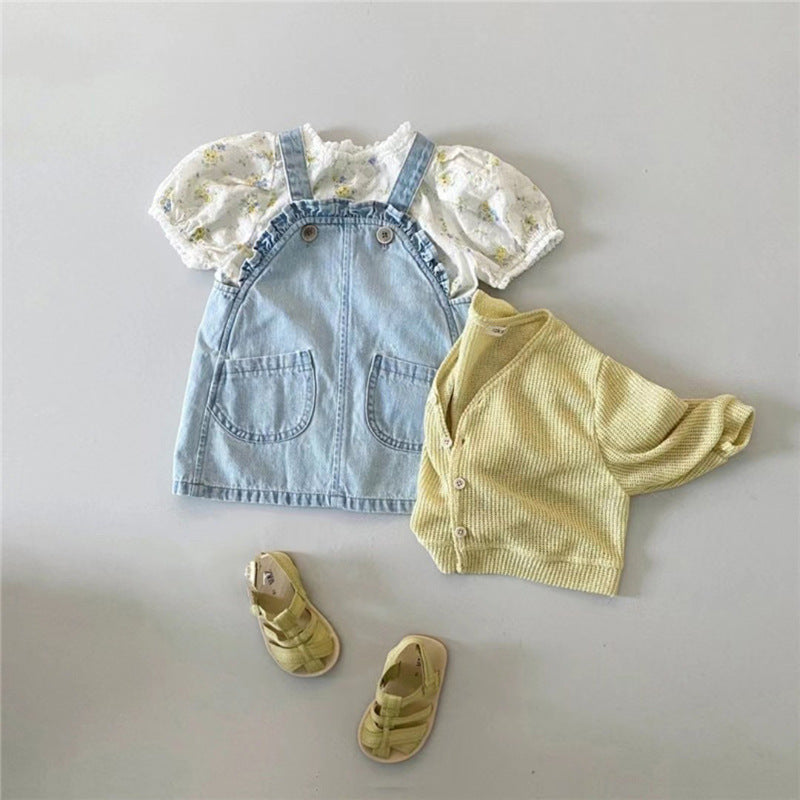 Children's Korean Style Clothing Summer Cotton Denim Suspender Skirt Floral Short Children's Suit