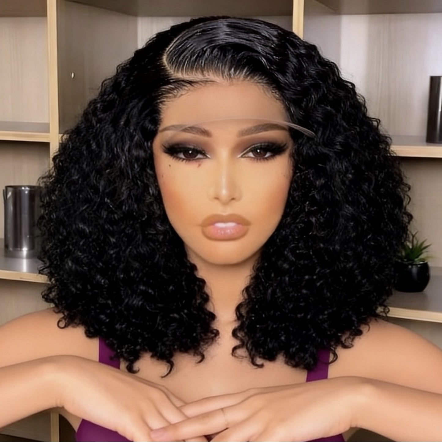 Women's African Small Curly Front Lace Black Short Hair Chemical Wig Long Curls