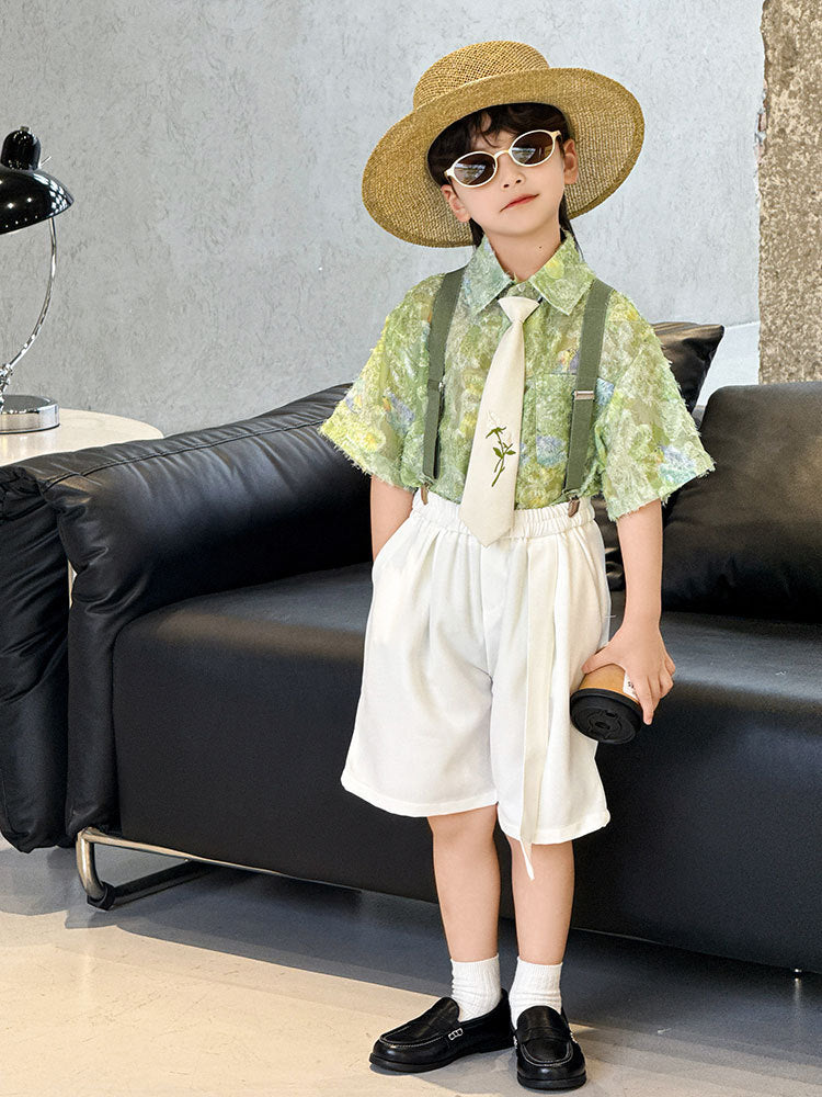 Summer Korean Style Trendy Casual Printed Suspender Shorts Children's Shirt