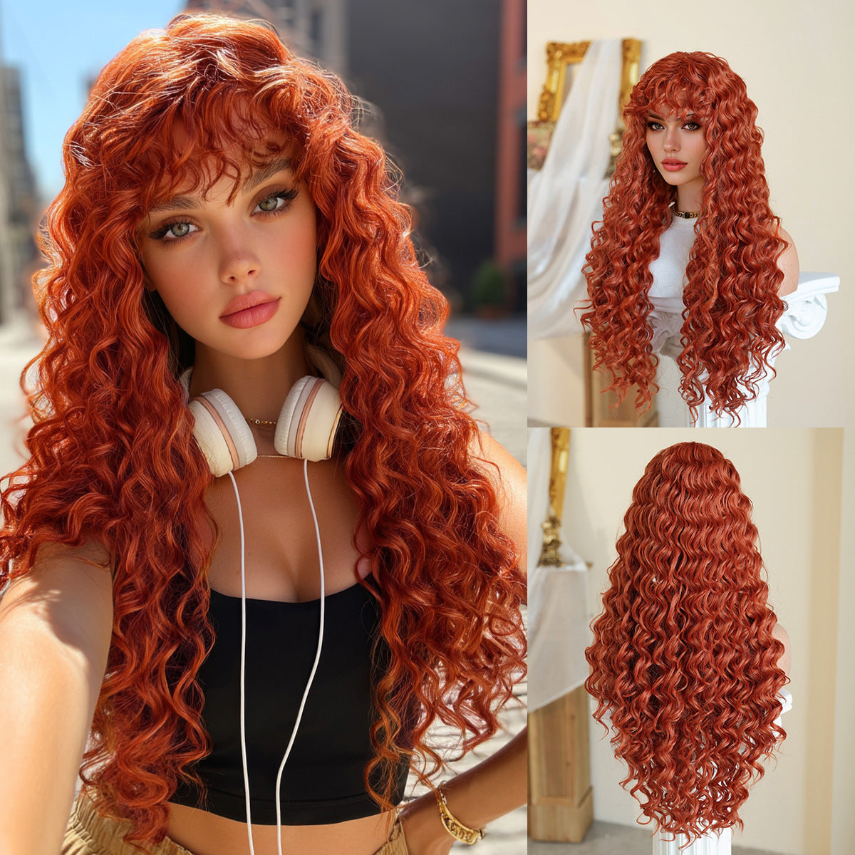 Fashion Fluffy Natural Air Bangs Small Roll Rose Net Head Wig Long Curls