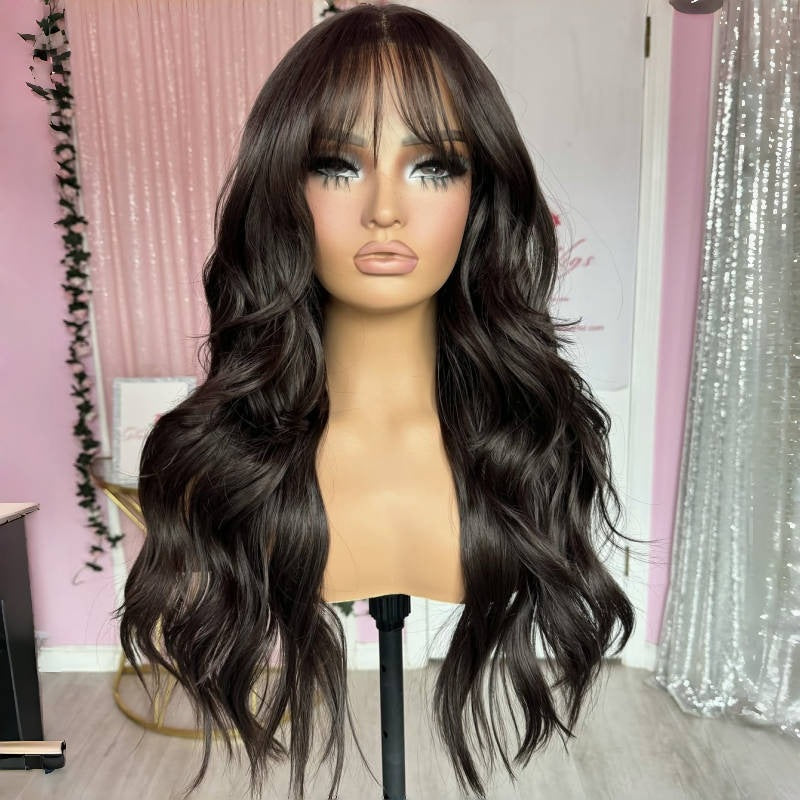 Women's Front Lace Synthetic Wigs Black Brown Bangs Wig Long Curls