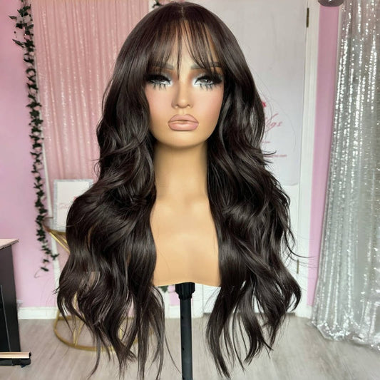 Women's Front Lace Synthetic Wigs Black Brown Bangs Wig Long Curls