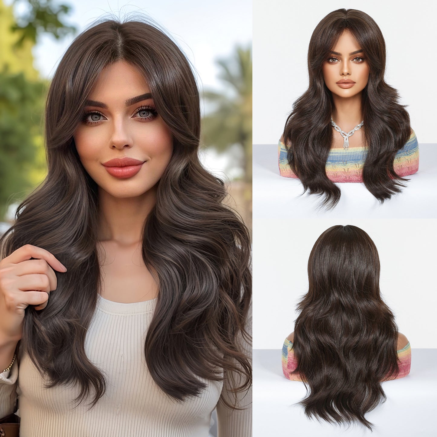 Live Broadcast Brown Golden Gradient Rose Net Mechanism Bangs Fashion Wig Long Curls