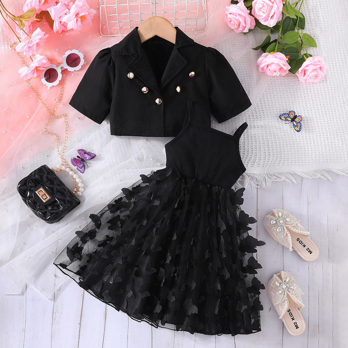 Butterfly Mesh Camisole Long Skirt Two-piece Children's Suit