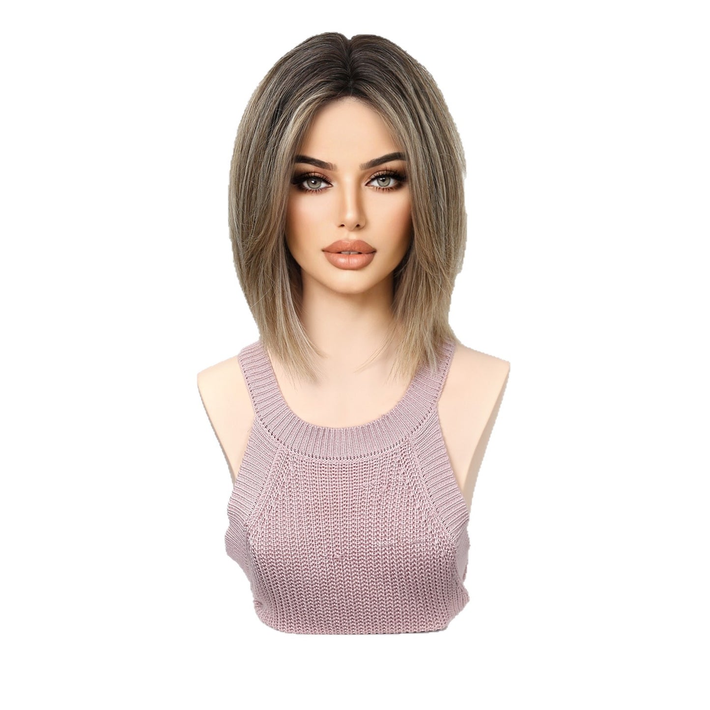 Female Brown Gradient Mid-point Fashion Overseas Wig Short Straight Hair
