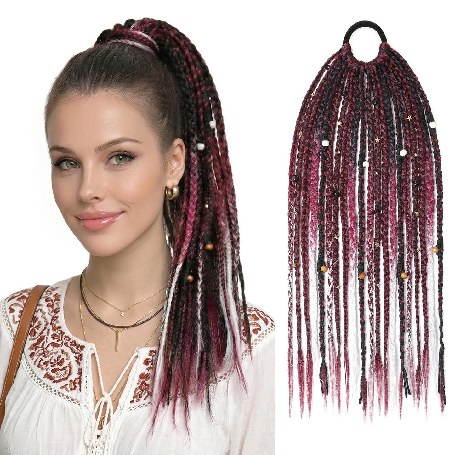 Bohemian Style Braided Braid Beads Pendant Hair Wig Ponytail