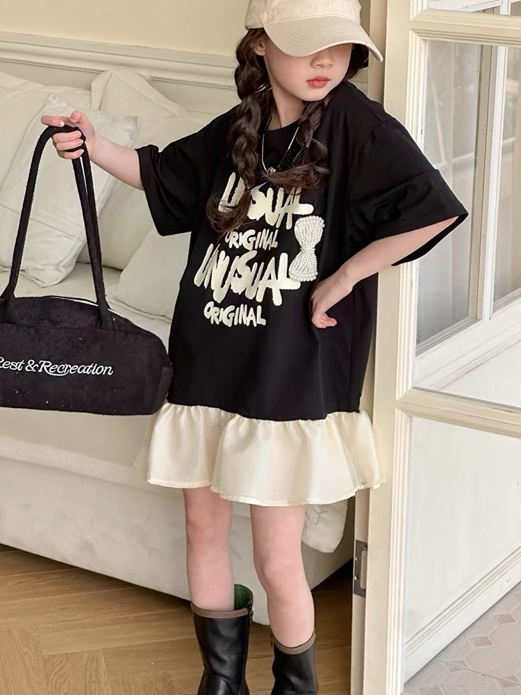 Children's Letter Print Fake Two-piece Skirt Summer Sweet Cool Style Ruffled Children's Dress