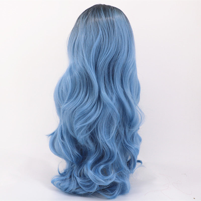 Women's Black Blue Gradient Curly Hair Fiber Medium Wig Long Curls