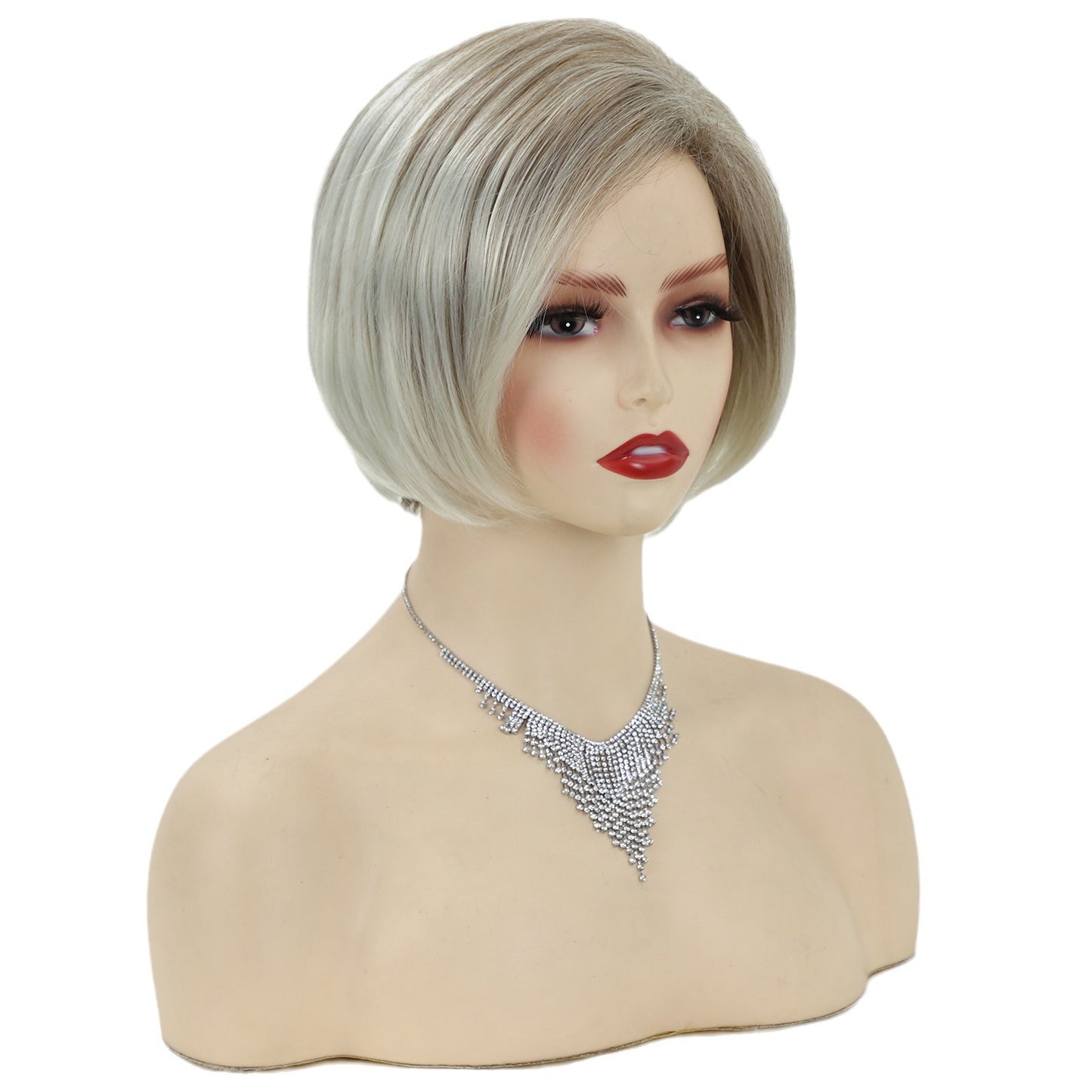 Female Gradient White Gold Color Split Wig Short Straight Hair