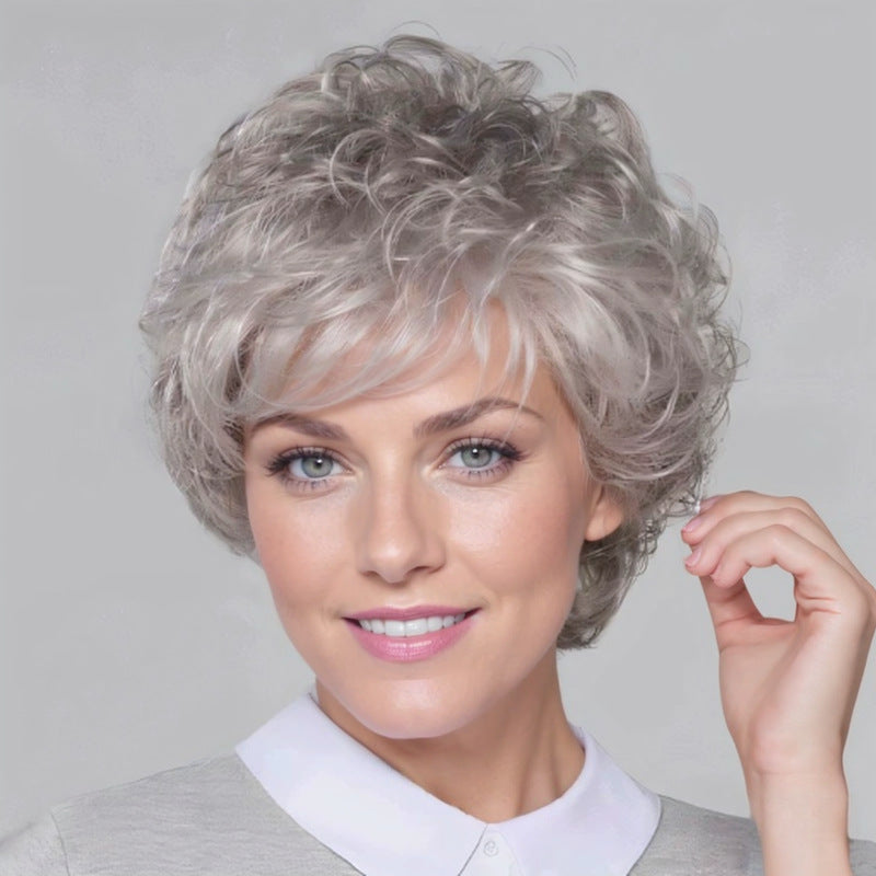 Women's Head Fluffy Side Bangs Gray White Fiber Piece Wig Short Curly Hair
