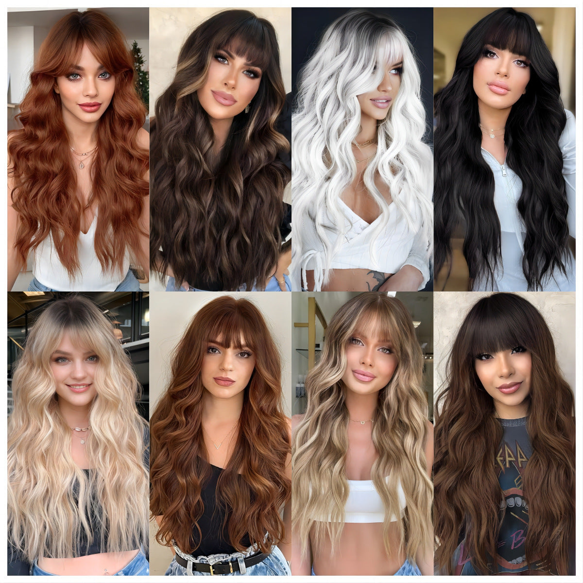 Gradient White Straight Bangs Big Wave Curly Hair Wig Long Curls