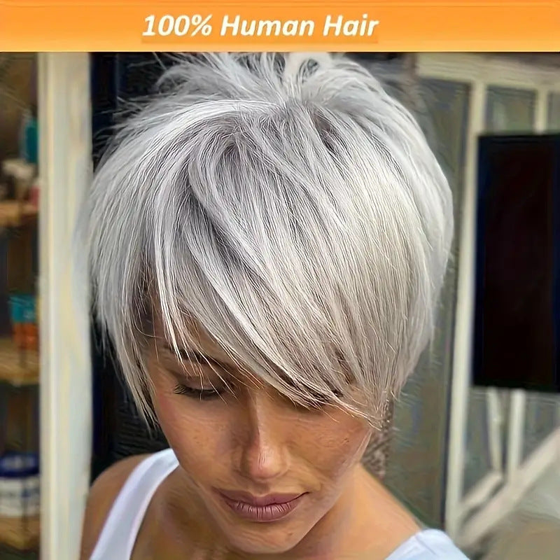 Side Bangs Sier Gray Fluffy Straight Chemical Wig Short Curly Hair