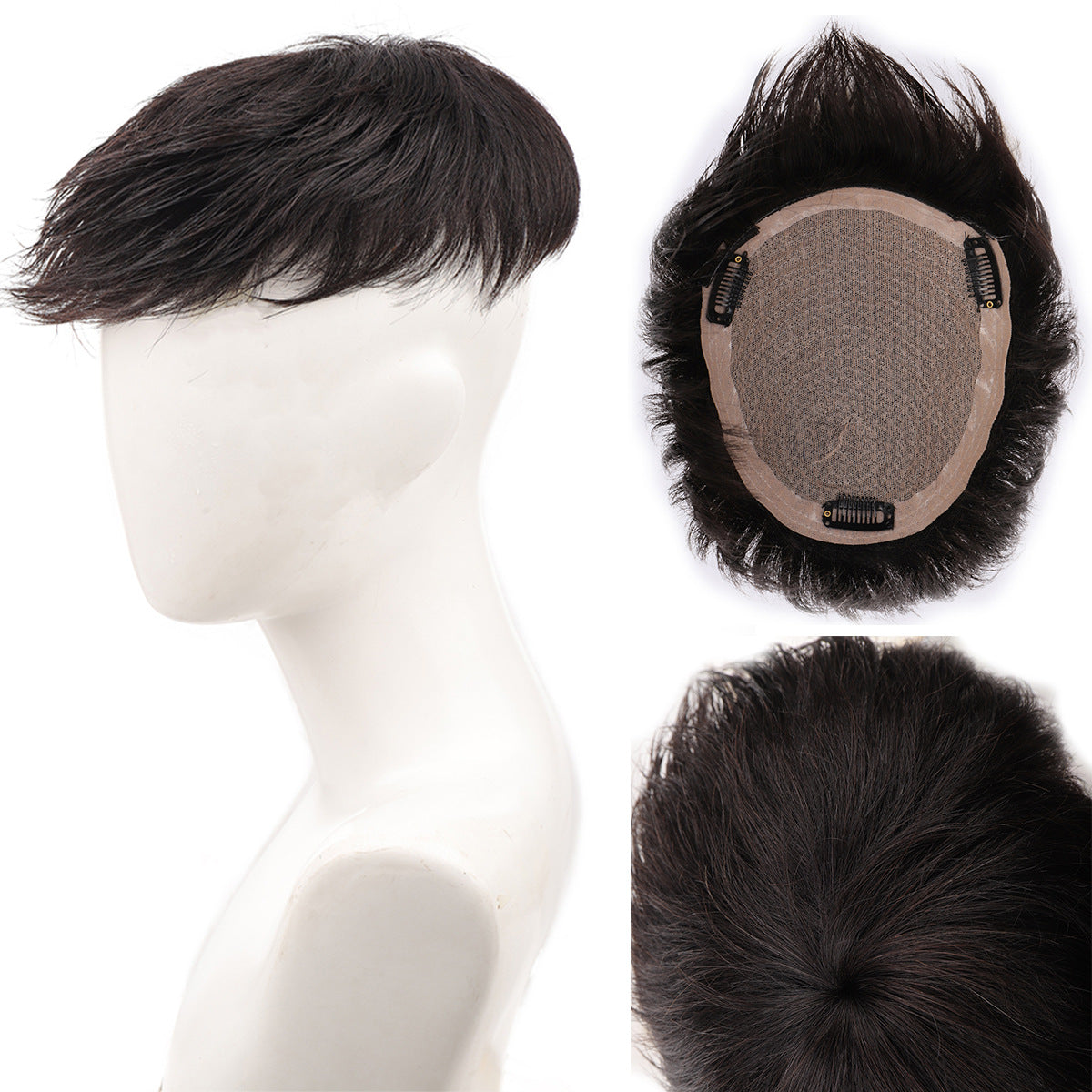 Men's Set Three-card Real Hair Supplementing Piece Breathable Internal Wig