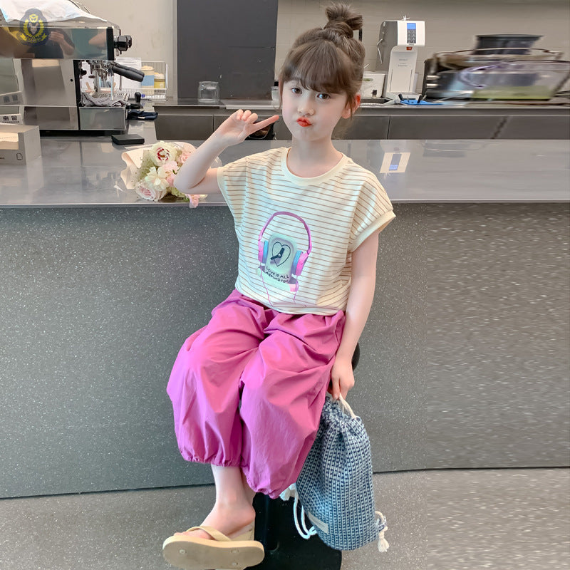 Summer Suits Western Style Fashion Striped Cartoon Casual Two-piece Children's Suit