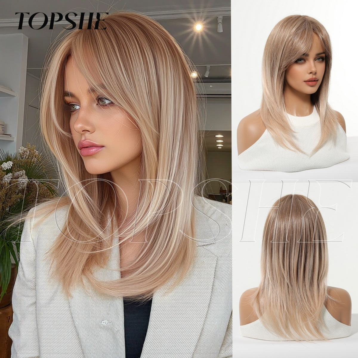 Bangs Gradient Light Golden Brown Chemical Fiber Long Straight Wig
