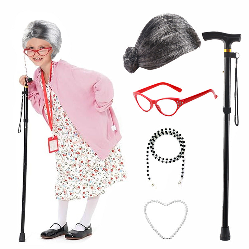 Props Watch Show Old Lady Grandma Flower White Curly Head Real Hair Wig