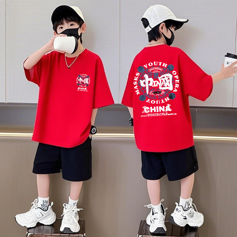 Children's Pants Loose Round Neck Summer Middle Big National Fashion Casual Children's Suit