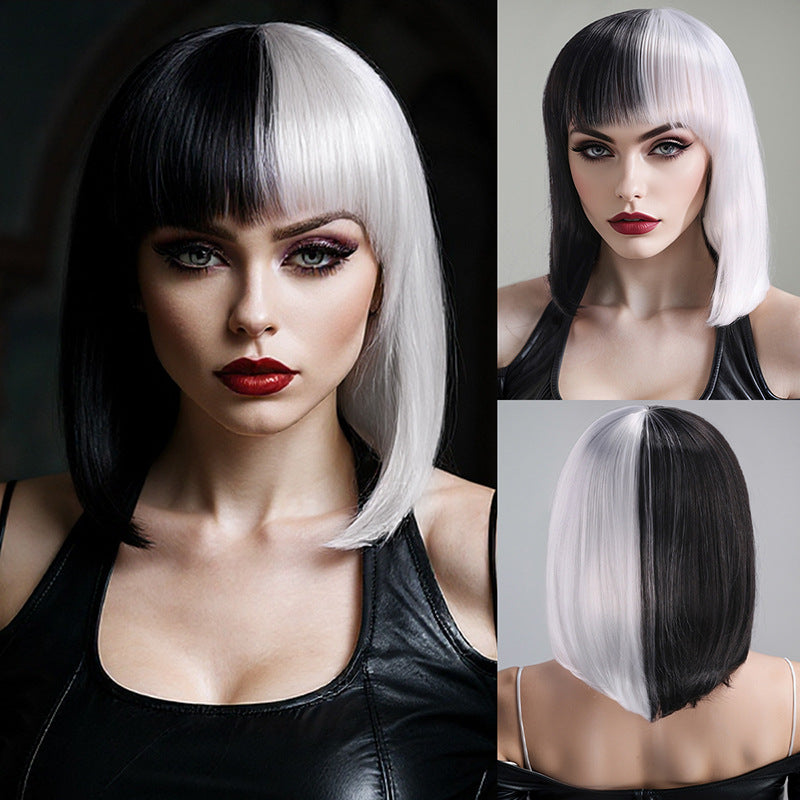 Black White Witch Color Matching Small Short Long Straight Wig