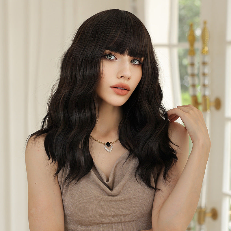 Small Straight Bangs Black Natural Fluffy Water Ripple Chemical Wig Long Curls