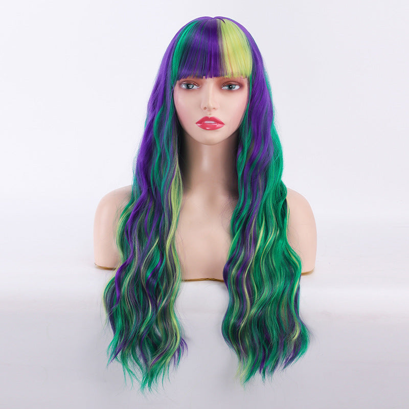 Gradient Color Straight Bangs Anime Corn Curler Female Wig Long Curls