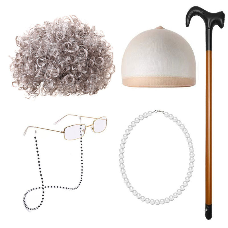 School Day Old Grandma Grandpa Crutches Lady Cos Wig